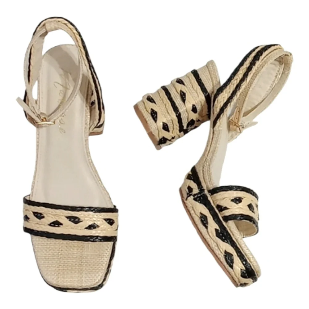 Matisse Lyla Woven Raffia Platform Sandals Natural/Black Block Heel Sz 8
